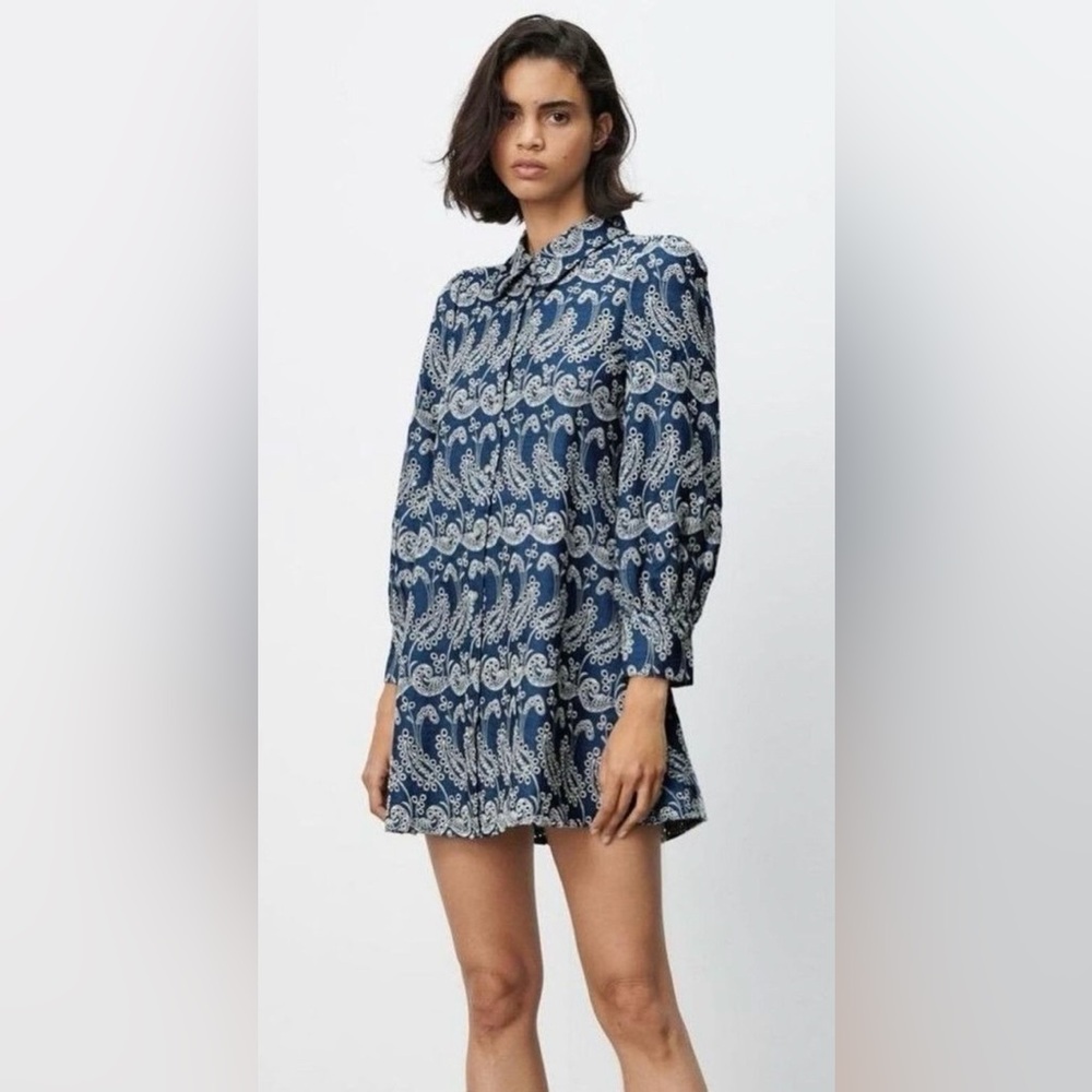 Zara paisley blue eyelet shirt dress XS